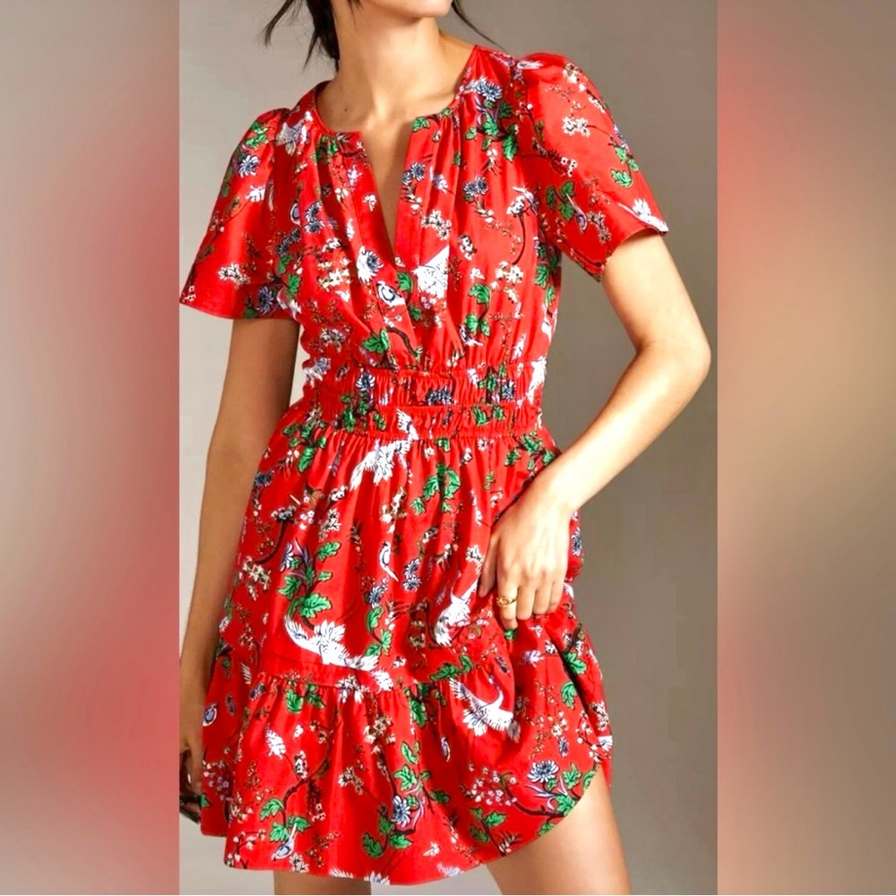 Anthropologie The Somerset Mini in Red Floral Bird Crane Cotton Dress XS